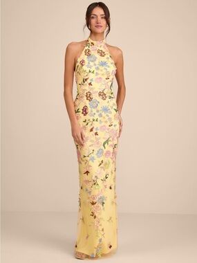 Lulus Floral Embroidered Halter Evening Gown